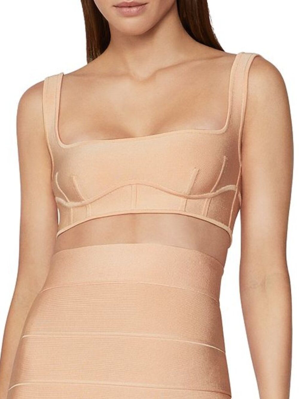 Herve Leger Blush-Tan Ribbed Cropped Bralette M
